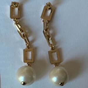 Gold Toned Link Chain Earrings w/ White Faux Pearl